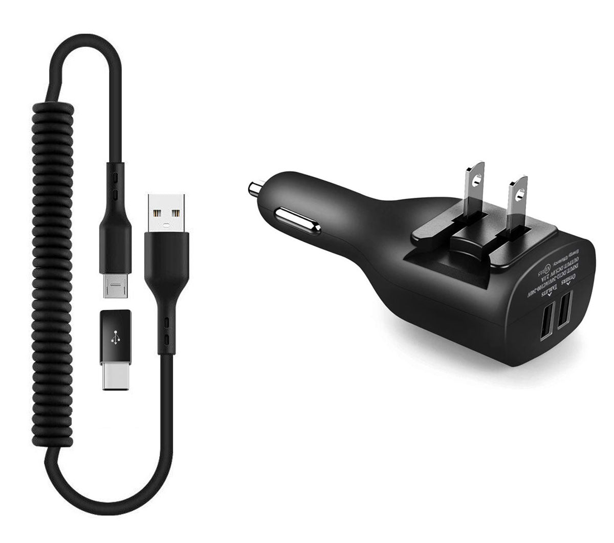 2-in-1 Car Home Charger Coiled USB Cable Micro-USB to USB-C Adapter Charger Cord Power Wire Black  - BFE96 1882-1