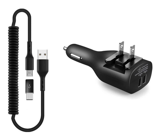 image of 2-in-1 Car Home Charger Coiled USB Cable Micro-USB to USB-C Adapter Charger Cord Power Wire Black  - BFE96 1882-1