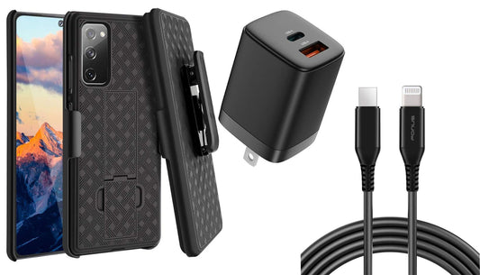 image of Belt Clip Case and Fast Home Charger Combo Swivel Holster PD Type-C Power Adapter 6ft Long USB-C Cable Kickstand Cover 2-Port Quick Charge  - BFA83+G88 1972-1