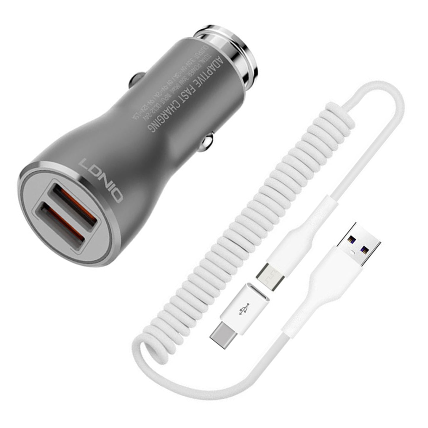  Car Charger   36W Fast   2-Port USB   Coiled Cable   Type-C   Quick Charge   - BFK21 1877-1