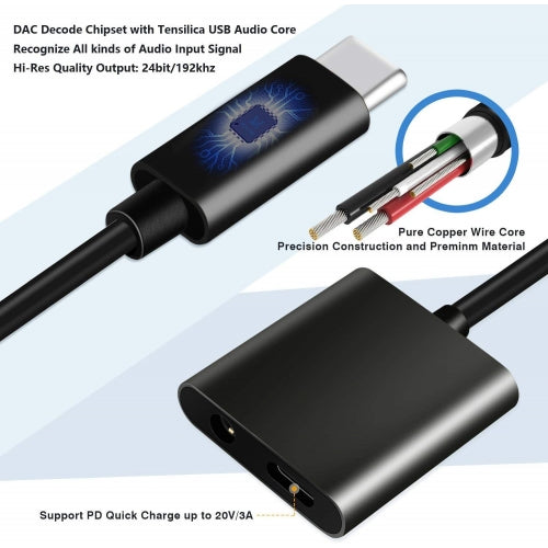 USB-C Headphone Adapter Earphone 3.5mm Jack Charger Port Splitter Mic Support  - BFG76 1350-2