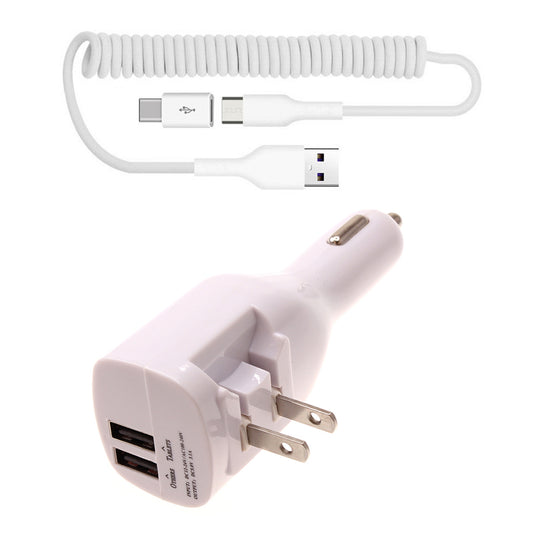 image of 2-in-1 Car Home Charger Coiled USB Cable Micro-USB to USB-C Adapter Charger Cord Power Wire Folding Prongs  - BFK12 1879-1