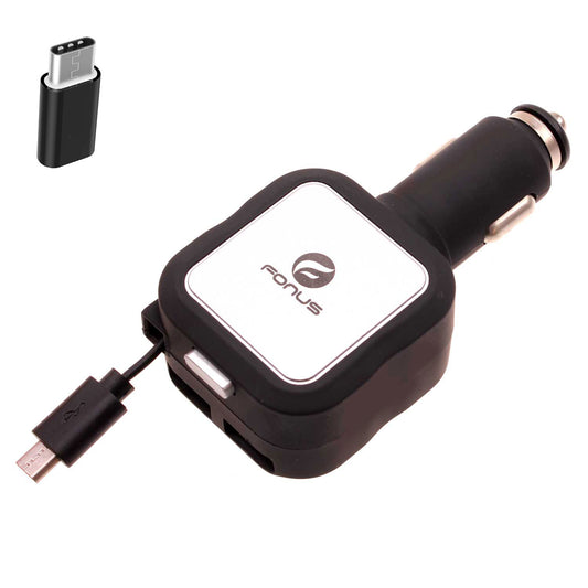 Retractable Car Charger TWO USB PORTS with USB-C Adapter 2016-1