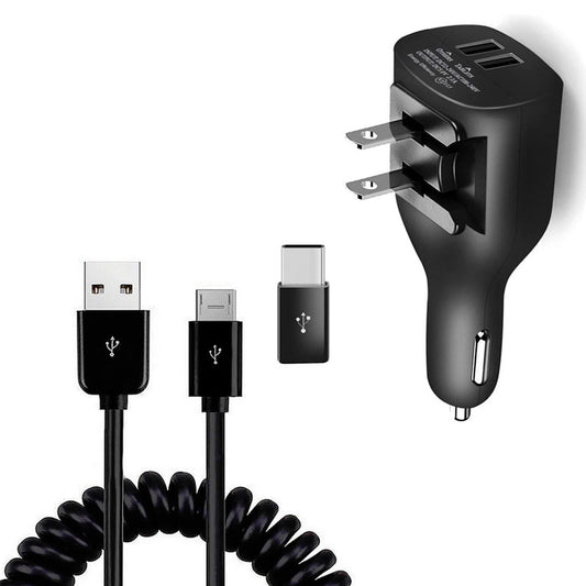 image of 2-in-1 Car Home Charger Coiled USB Cable Micro-USB to USB-C Adapter Charger Cord Power Wire Black  - BFE96 1882-1