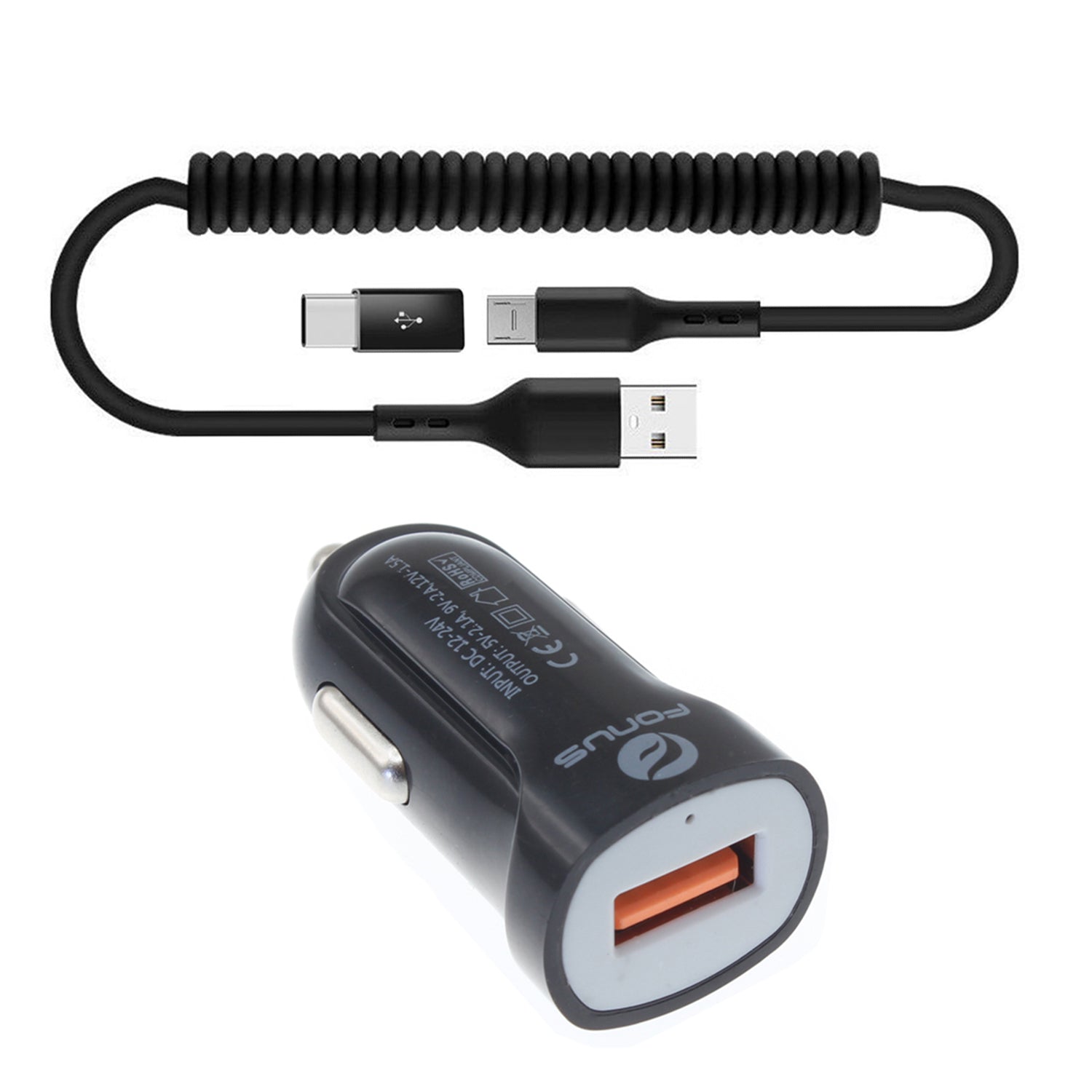  24W Fast Car Charger  Coiled USB Cable Micro-USB to USB-C Adapter Power Cord Wire  Quick Charge   - BFK78 1880-1