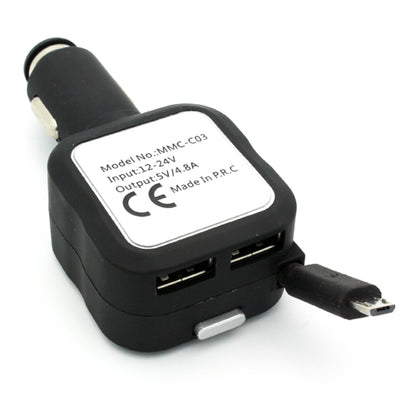 Car Charger Retractable 4.8Amp 2-Port USB Micro-USB DC Socket  - BFM89 836-5