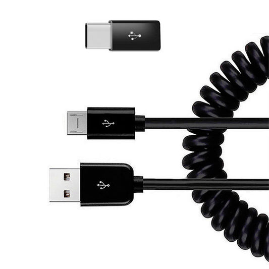 image of Coiled USB Cable Charger Cord Micro-USB to USB-C Adapter Power Wire Sync Black  - BFK81 1881-1