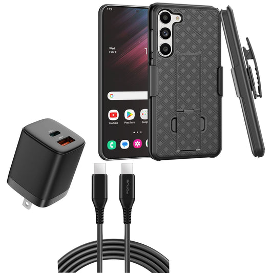 image of Belt Clip Case and Fast Home Charger Combo Swivel Holster PD Type-C Power Adapter 6ft Long USB-C Cable Kickstand Cover 2-Port Quick Charge  - BFZ48 1899-1