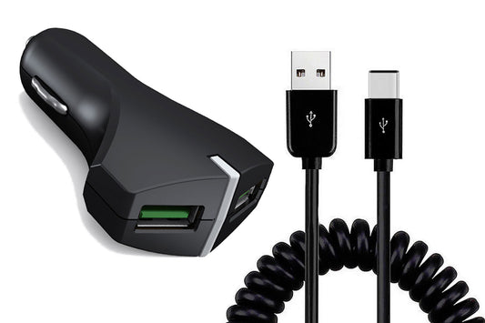 image of Car Charger 36W Fast 2-Port USB Coiled Cable Type-C Quick Charge  - BFE39 1487-1