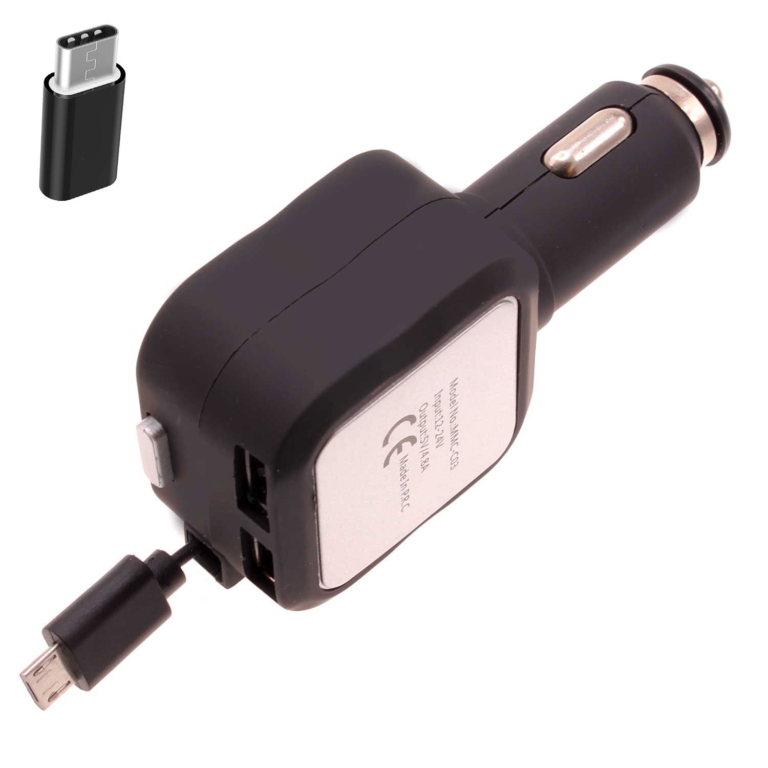 Retractable Car Charger TWO USB PORTS with USB-C Adapter 2016-1