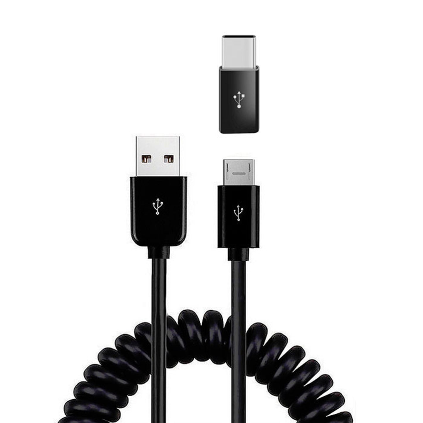 Coiled USB Cable Charger Cord Micro-USB to USB-C Adapter Power Wire Sync Black  - BFK81 1881-1