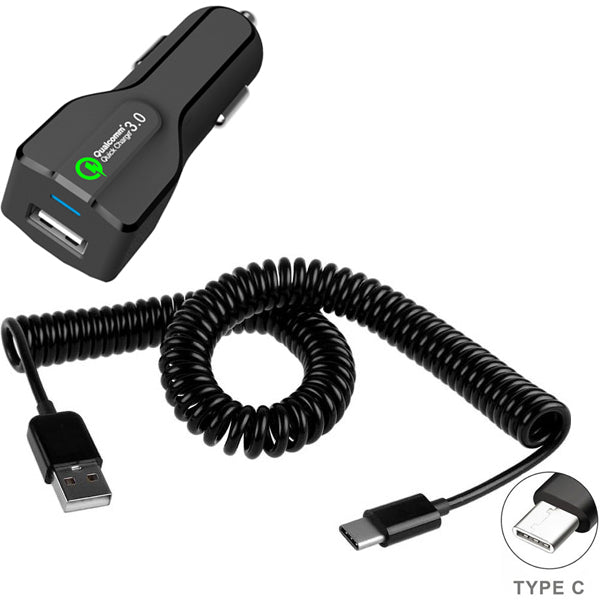 Car Charger 18W Fast USB Port Coiled Cable Type-C Quick Charge  - BFM14 975-6