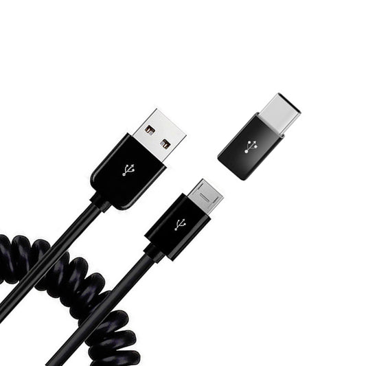 image of Coiled USB Cable Charger Cord Micro-USB to USB-C Adapter Power Wire Sync Black  - BFK81 1881-1