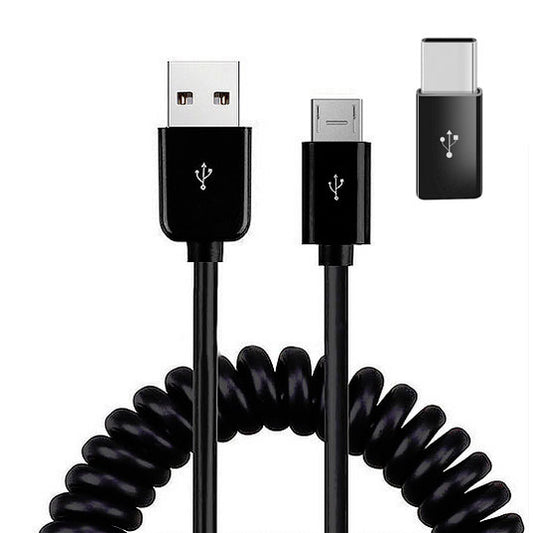 image of Coiled USB Cable Charger Cord Micro-USB to USB-C Adapter Power Wire Sync Black  - BFK81 1881-1