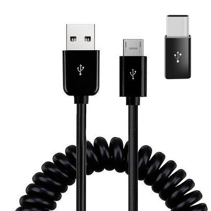 Coiled USB Cable Charger Cord Micro-USB to USB-C Adapter Power Wire Sync Black  - BFK81 1881-1