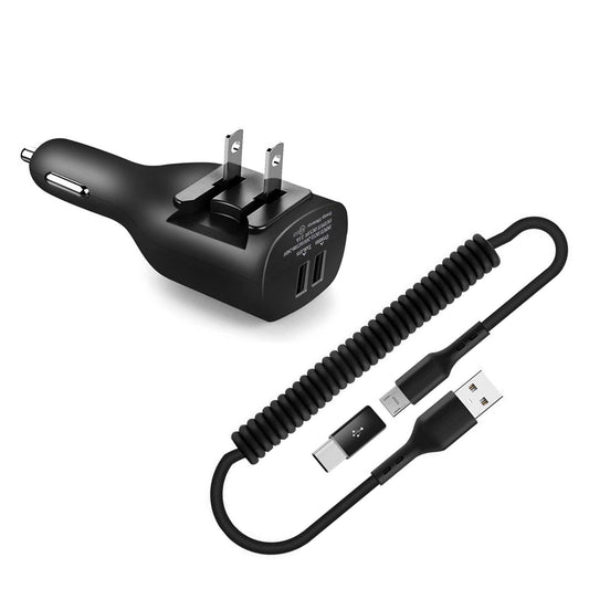 image of 2-in-1 Car Home Charger Coiled USB Cable Micro-USB to USB-C Adapter Charger Cord Power Wire Black  - BFE96 1882-1