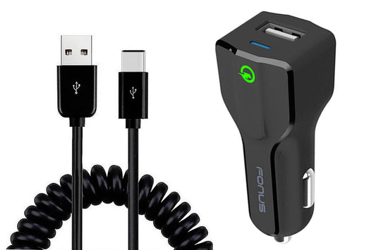 image of Car Charger 18W Fast USB Port Coiled Cable Type-C Quick Charge  - BFM14 975-1