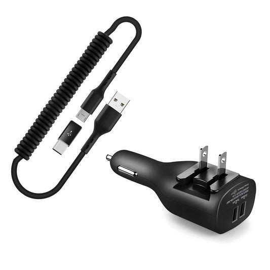 image of 2-in-1 Car Home Charger Coiled USB Cable Micro-USB to USB-C Adapter Charger Cord Power Wire Black  - BFE96 1882-1