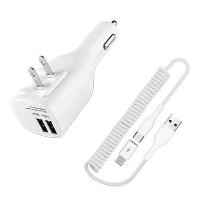 2-in-1 Car Home Charger Coiled USB Cable Micro-USB to USB-C Adapter Charger Cord Power Wire Folding Prongs  - BFK12 1879-1