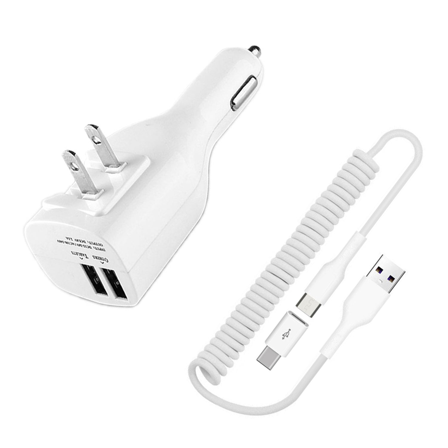 2-in-1 Car Home Charger Coiled USB Cable Micro-USB to USB-C Adapter Charger Cord Power Wire Folding Prongs  - BFK12 1879-1