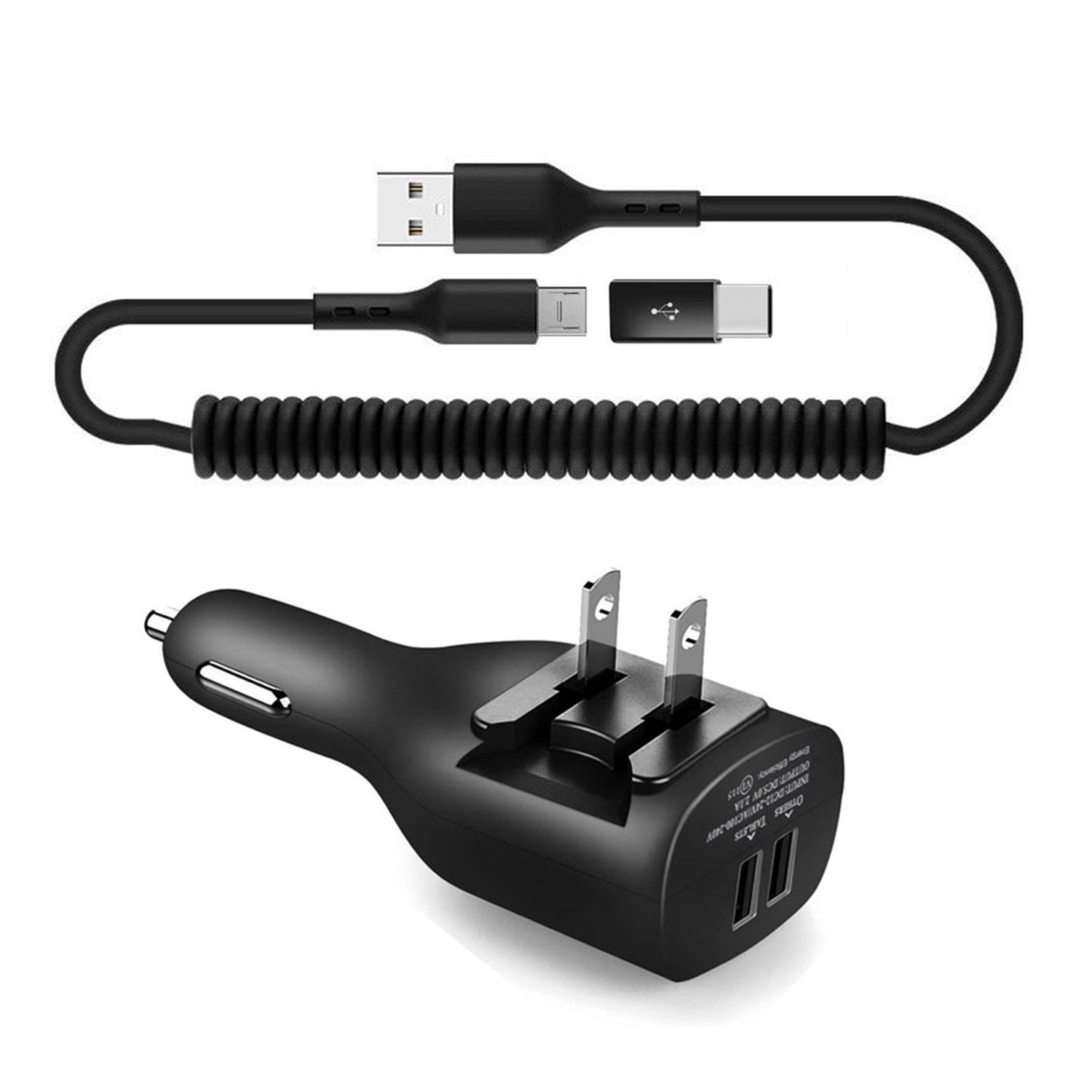 2-in-1 Car Home Charger Coiled USB Cable Micro-USB to USB-C Adapter Charger Cord Power Wire Black  - BFE96 1882-1