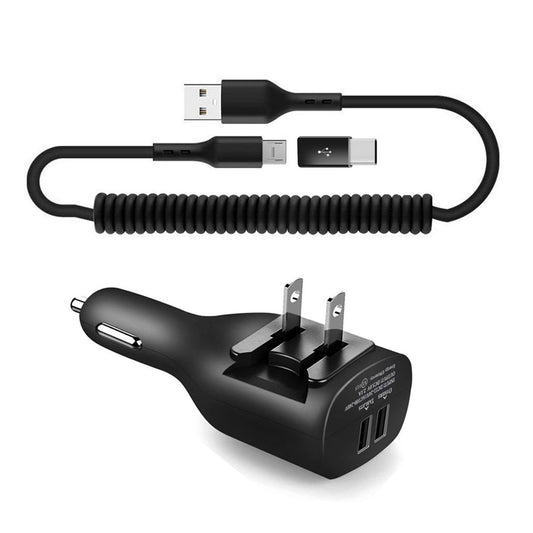 image of 2-in-1 Car Home Charger Coiled USB Cable Micro-USB to USB-C Adapter Charger Cord Power Wire Black  - BFE96 1882-1