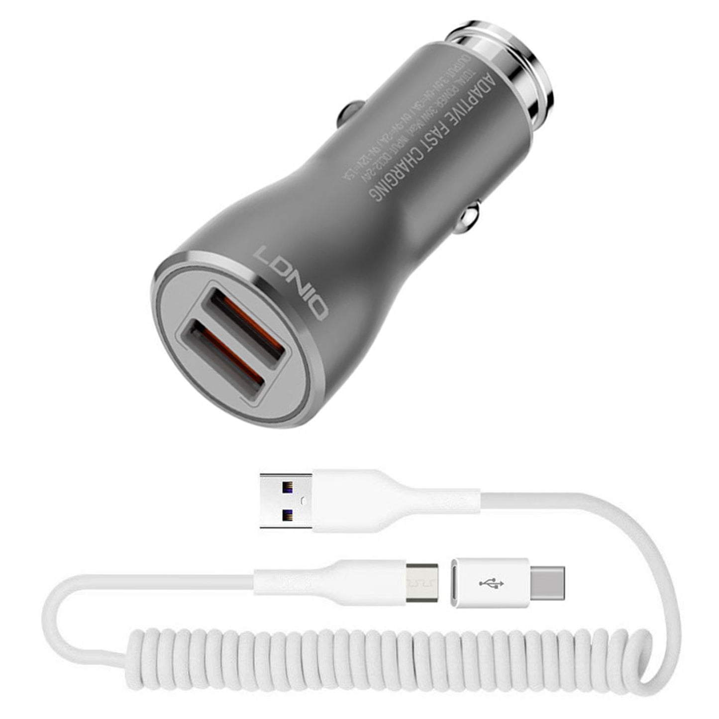  Car Charger   36W Fast   2-Port USB   Coiled Cable   Type-C   Quick Charge   - BFK21 1877-1