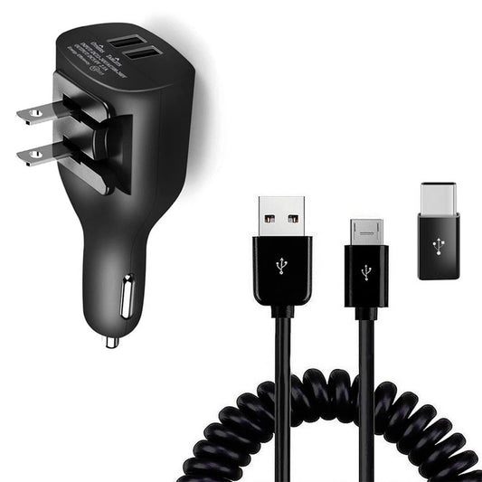 image of 2-in-1 Car Home Charger Coiled USB Cable Micro-USB to USB-C Adapter Charger Cord Power Wire Black  - BFE96 1882-1