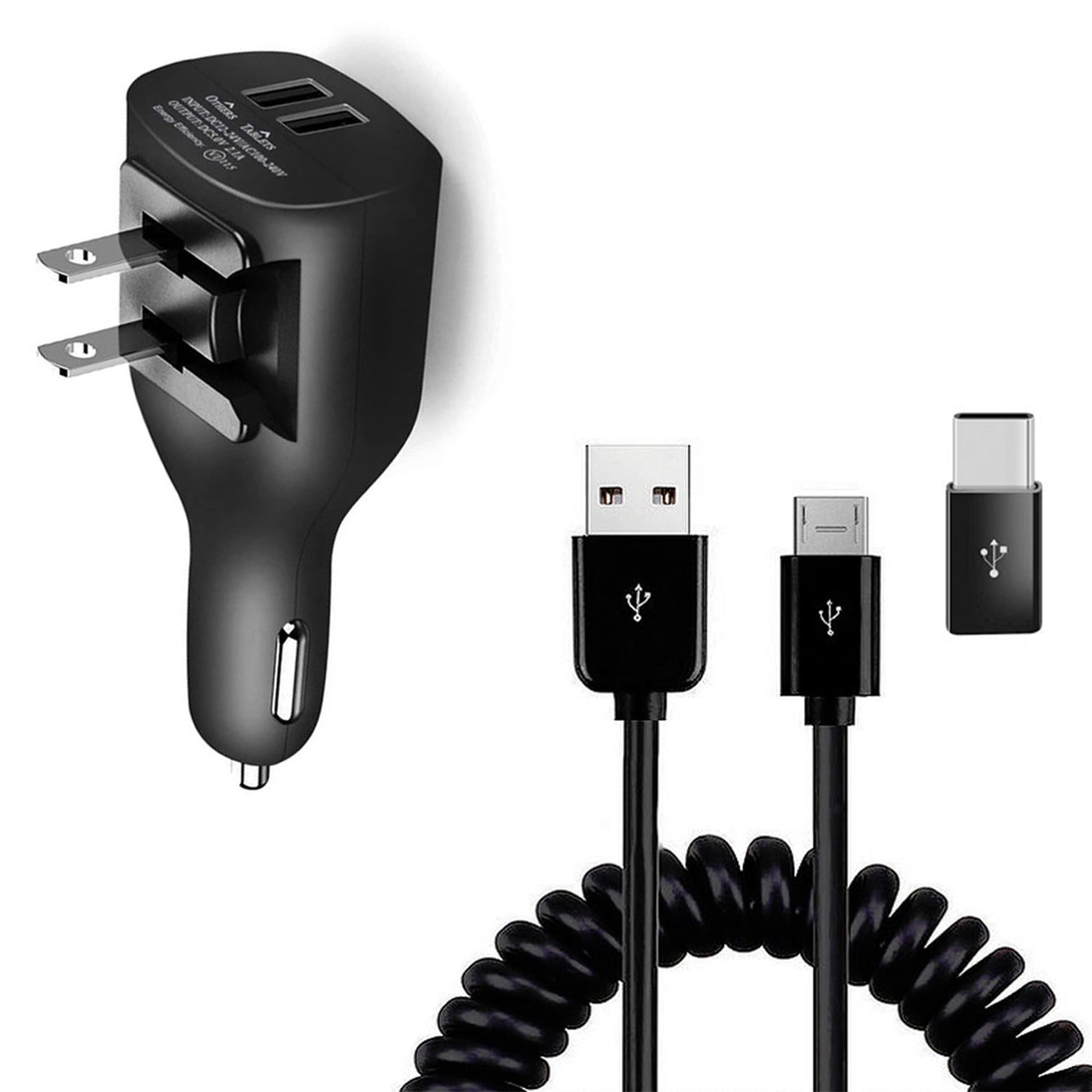 2-in-1 Car Home Charger Coiled USB Cable Micro-USB to USB-C Adapter Charger Cord Power Wire Black  - BFE96 1882-1