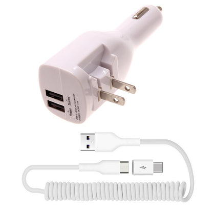 2-in-1 Car Home Charger Coiled USB Cable Micro-USB to USB-C Adapter Charger Cord Power Wire Folding Prongs  - BFK12 1879-1