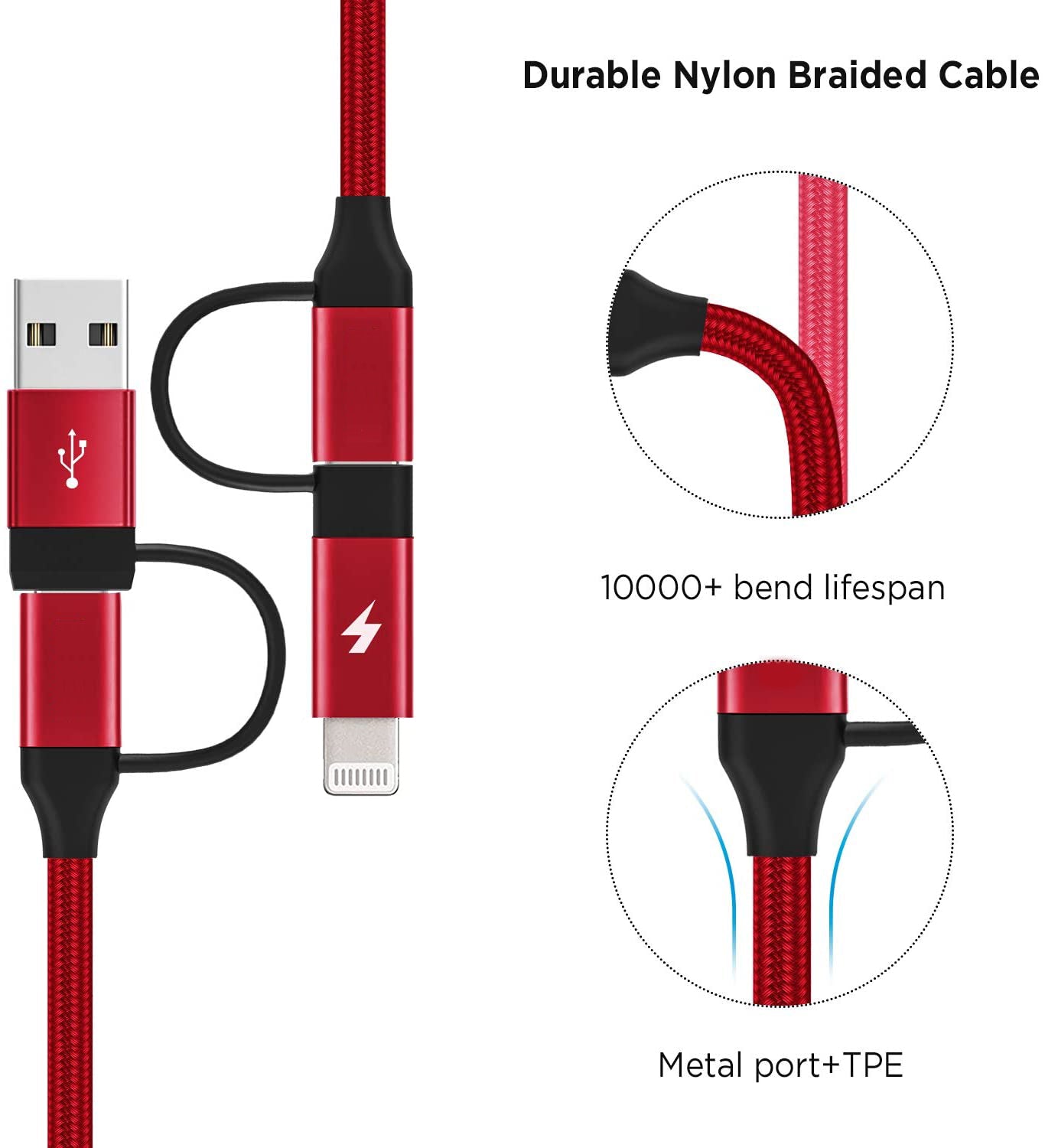 4-in-1 USB-C Cable Fast Charger Power Cord [Type-C, iPhone, USB-A] Wire USB  - BFC70 1672-2