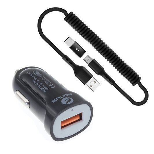 image of  24W Fast Car Charger  Coiled USB Cable Micro-USB to USB-C Adapter Power Cord Wire  Quick Charge   - BFK78 1880-1