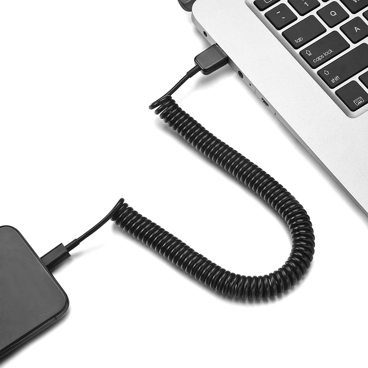 Coiled USB Cable Charger Cord Micro-USB to USB-C Adapter Power Wire Sync Black  - BFK81 1881-5