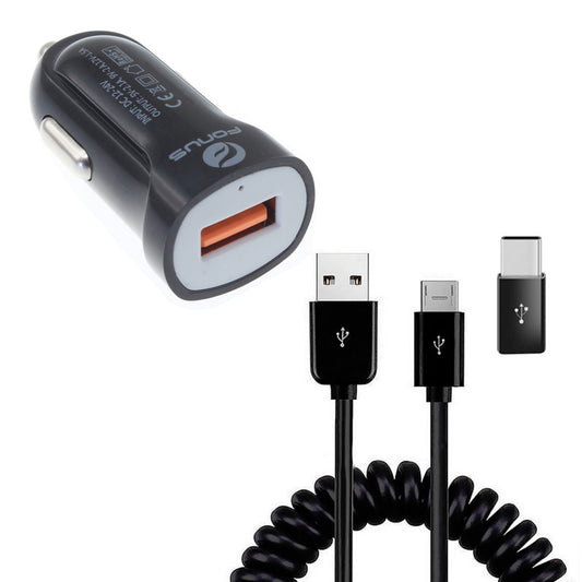 image of  24W Fast Car Charger  Coiled USB Cable Micro-USB to USB-C Adapter Power Cord Wire  Quick Charge   - BFK78 1880-1