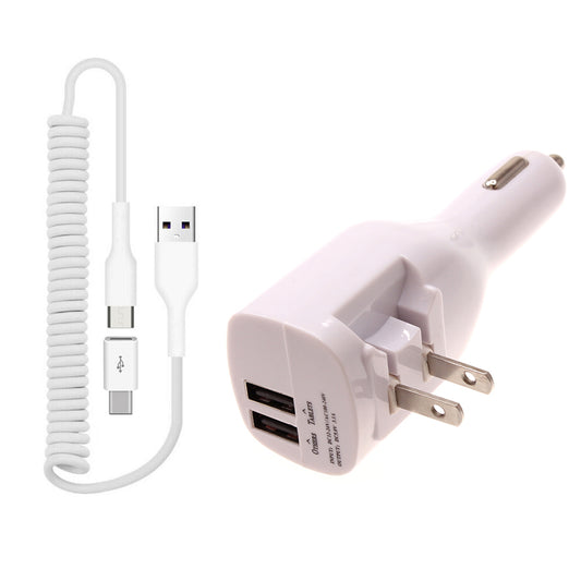 image of 2-in-1 Car Home Charger Coiled USB Cable Micro-USB to USB-C Adapter Charger Cord Power Wire Folding Prongs  - BFK12 1879-1