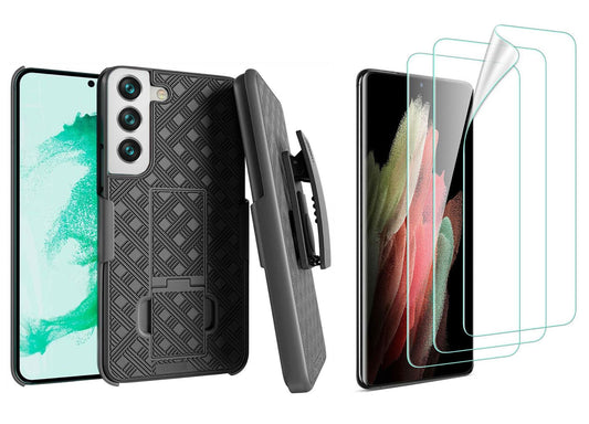 image of Belt Clip Case and 3 Pack Screen Protector Swivel Holster TPU Film Kickstand Cover Anti-Glare Fingerprint Works  - BFZ56+3Z36 1922-1