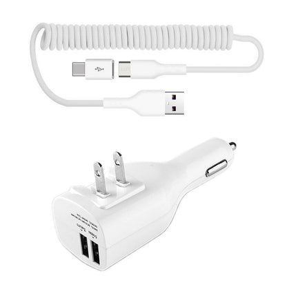 2-in-1 Car Home Charger Coiled USB Cable Micro-USB to USB-C Adapter Charger Cord Power Wire Folding Prongs  - BFK12 1879-1