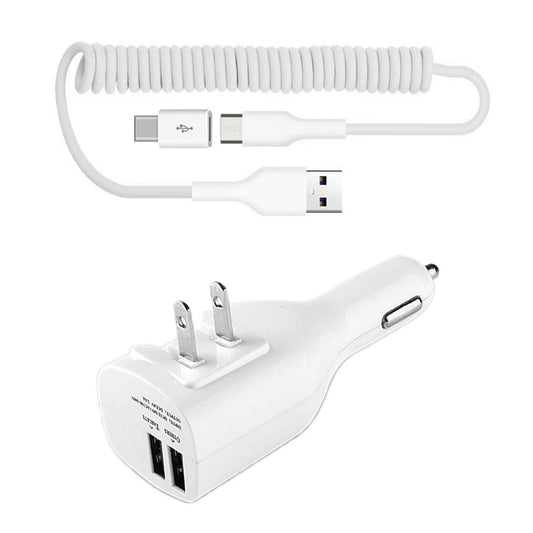 image of 2-in-1 Car Home Charger Coiled USB Cable Micro-USB to USB-C Adapter Charger Cord Power Wire Folding Prongs  - BFK12 1879-1