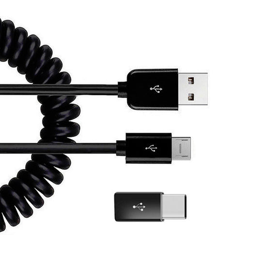 image of Coiled USB Cable Charger Cord Micro-USB to USB-C Adapter Power Wire Sync Black  - BFK81 1881-1